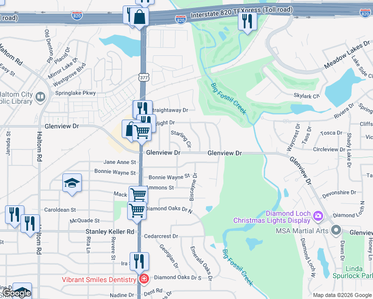 map of restaurants, bars, coffee shops, grocery stores, and more near 5733 Starling Circle in Fort Worth