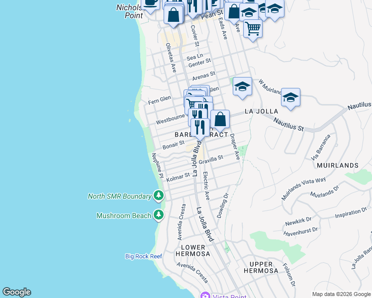 map of restaurants, bars, coffee shops, grocery stores, and more near 372 Playa Del Norte Street in San Diego