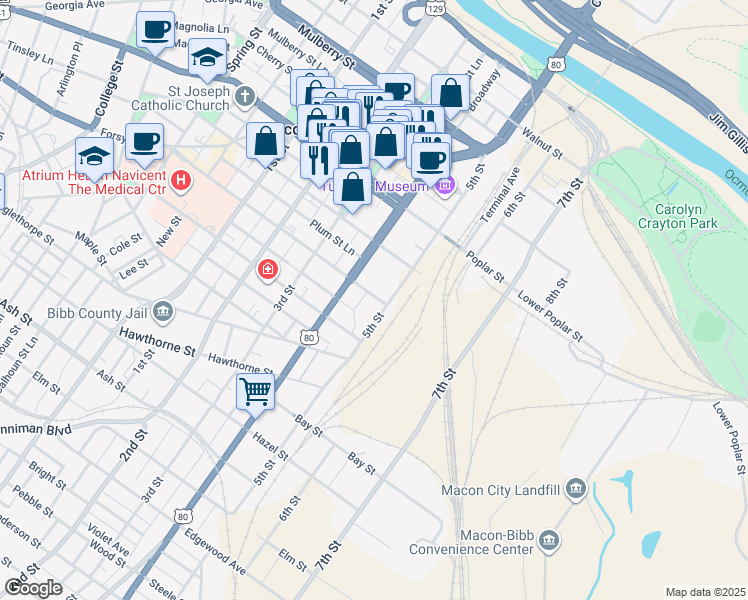 map of restaurants, bars, coffee shops, grocery stores, and more near 340 Pine Street in Macon