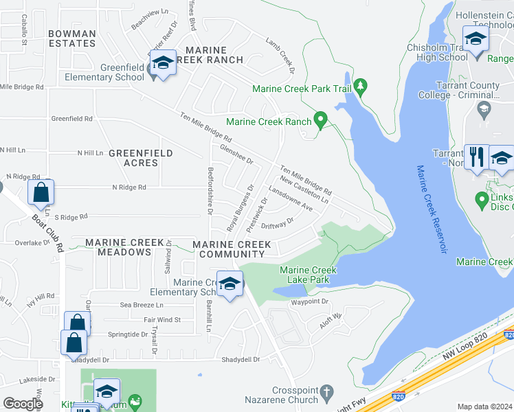 map of restaurants, bars, coffee shops, grocery stores, and more near 5121 Prestwick Drive in Fort Worth