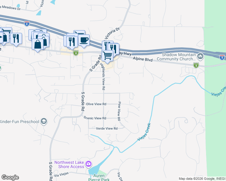 map of restaurants, bars, coffee shops, grocery stores, and more near 2938 Viejas View Place in Alpine