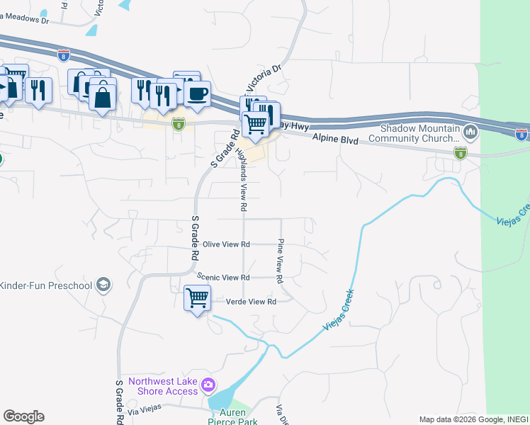 map of restaurants, bars, coffee shops, grocery stores, and more near 2938 Viejas View Place in Alpine