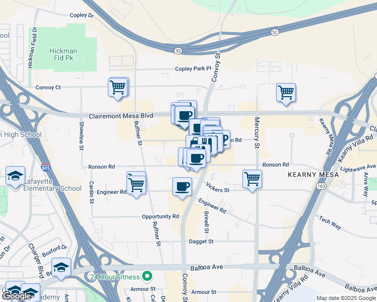 map of restaurants, bars, coffee shops, grocery stores, and more near 4888 Convoy Street in San Diego