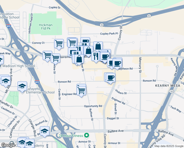 map of restaurants, bars, coffee shops, grocery stores, and more near 4888 Convoy Street in San Diego