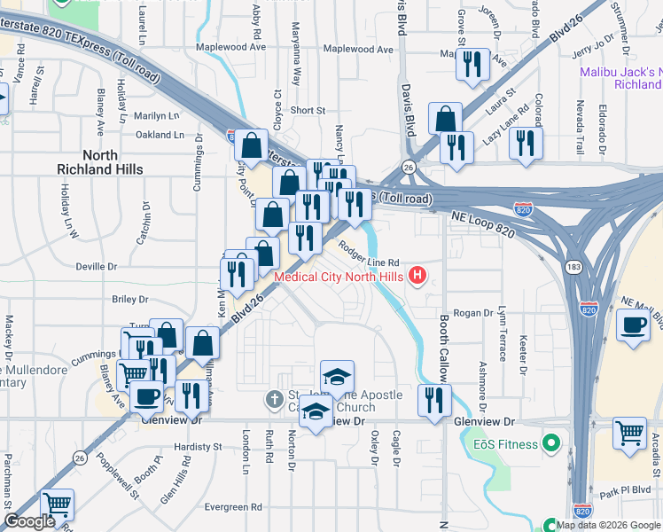 map of restaurants, bars, coffee shops, grocery stores, and more near 7632-7654 Grapevine Hwy in North Richland Hills