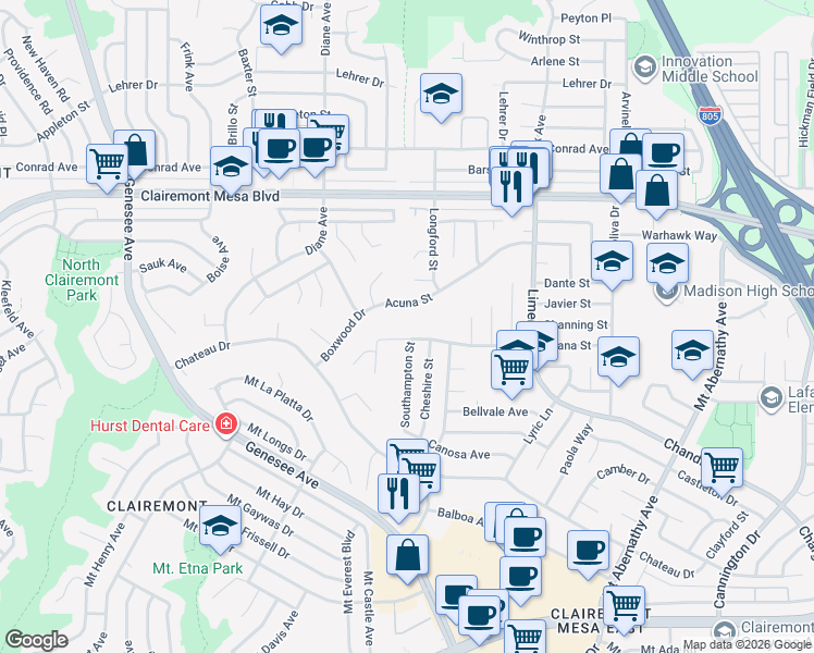 map of restaurants, bars, coffee shops, grocery stores, and more near 4996 Triana Street in San Diego