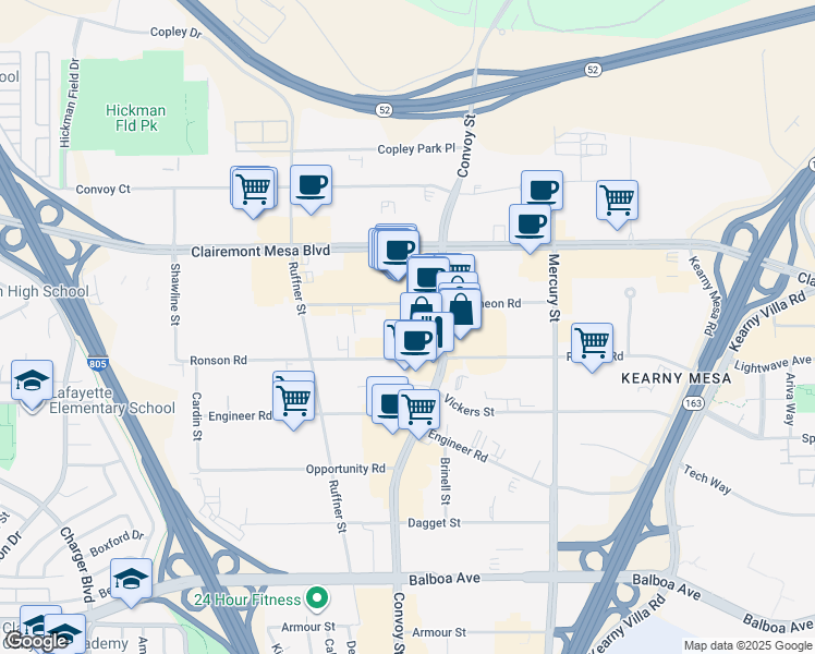 map of restaurants, bars, coffee shops, grocery stores, and more near 4888 Convoy Street in San Diego