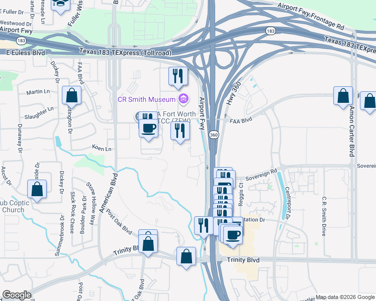 map of restaurants, bars, coffee shops, grocery stores, and more near 4501 Crewmember Way in Fort Worth
