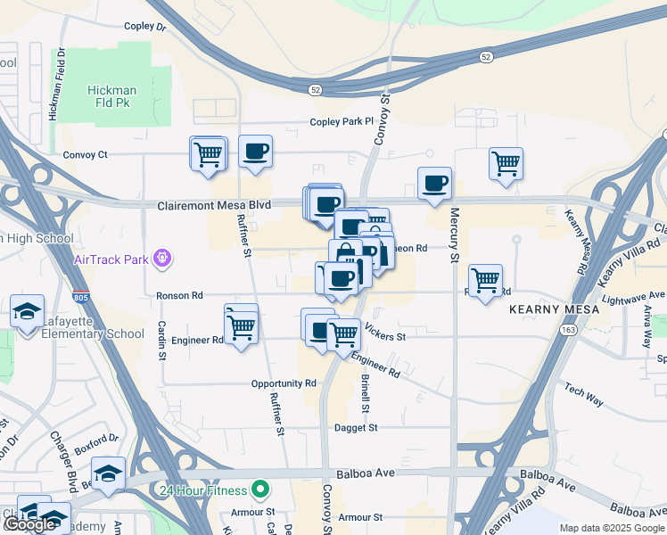map of restaurants, bars, coffee shops, grocery stores, and more near 4888 Convoy Street in San Diego