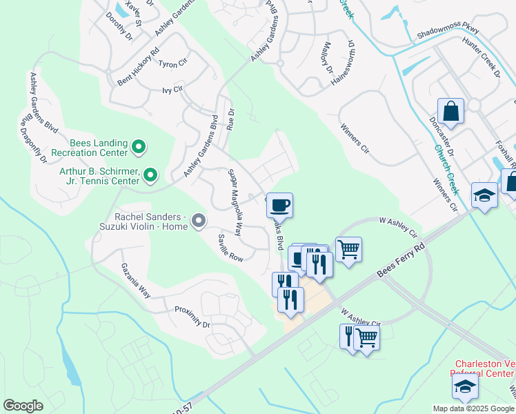map of restaurants, bars, coffee shops, grocery stores, and more near Grand Oaks Boulevard in Charleston