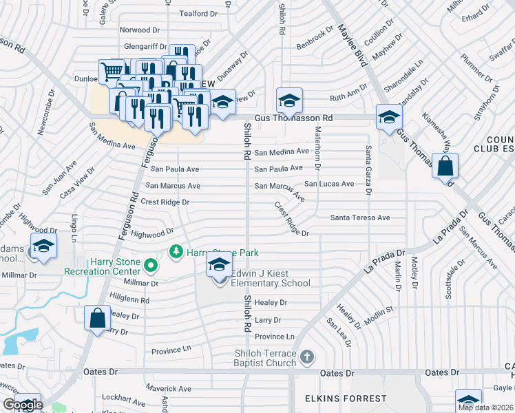 map of restaurants, bars, coffee shops, grocery stores, and more near 2715 Crest Ridge Drive in Dallas