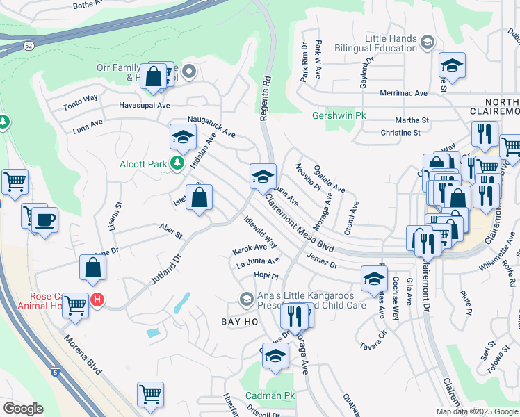 map of restaurants, bars, coffee shops, grocery stores, and more near 3222 Jemez Drive in San Diego