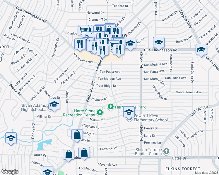 map of restaurants, bars, coffee shops, grocery stores, and more near 2511 Crest Ridge Drive in Dallas