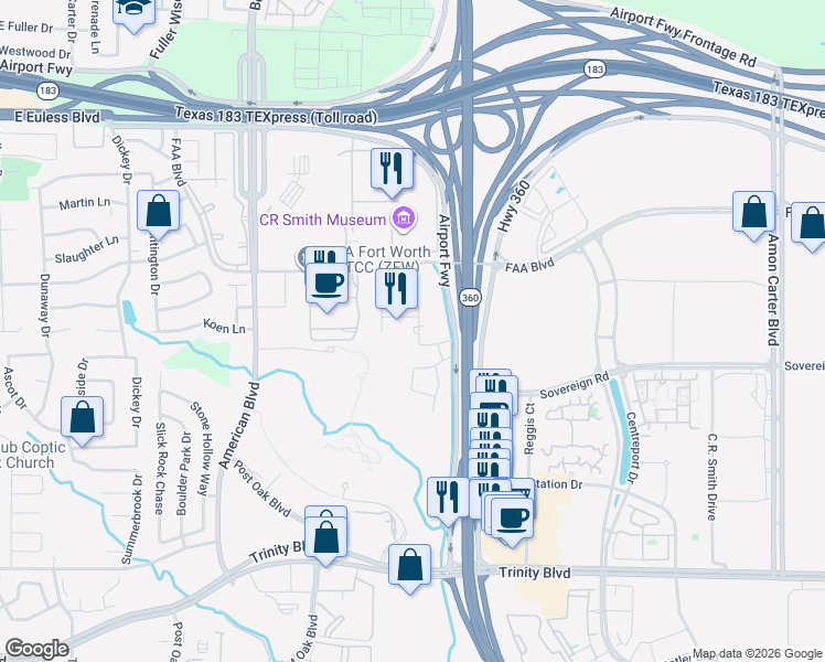 map of restaurants, bars, coffee shops, grocery stores, and more near 4501 Texas 360 in Fort Worth
