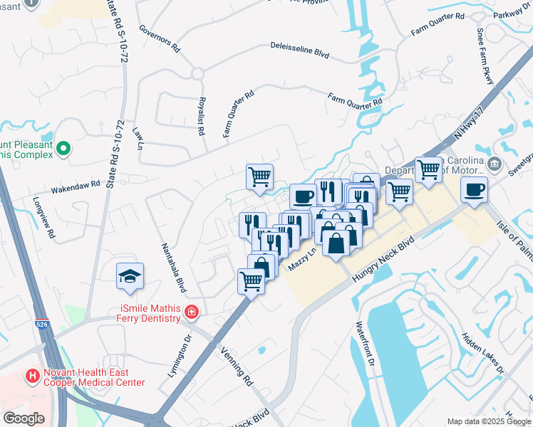 map of restaurants, bars, coffee shops, grocery stores, and more near 1800 Indigo Market Drive in Mount Pleasant