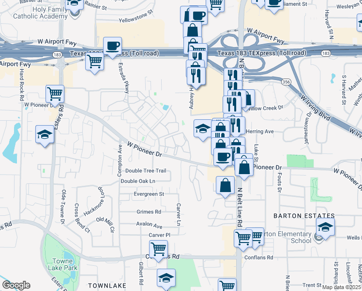 map of restaurants, bars, coffee shops, grocery stores, and more near 3701 West Pioneer Drive in Irving