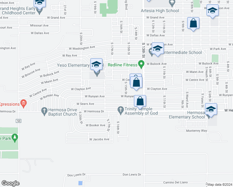 map of restaurants, bars, coffee shops, grocery stores, and more near 1608 West Runyan Avenue in Artesia