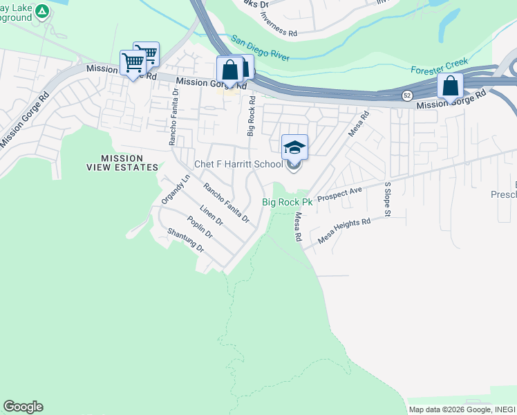 map of restaurants, bars, coffee shops, grocery stores, and more near 8524 Big Rock Road in Santee
