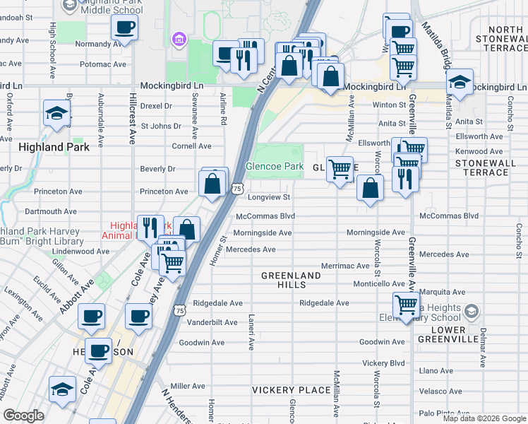 map of restaurants, bars, coffee shops, grocery stores, and more near 5315 McCommas Boulevard in Dallas