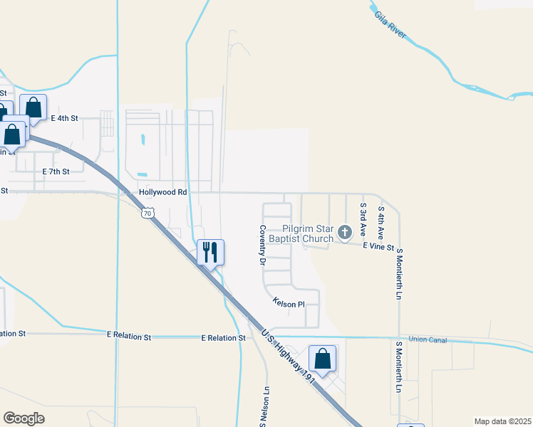 map of restaurants, bars, coffee shops, grocery stores, and more near 1460 East Stratford Drive in Safford