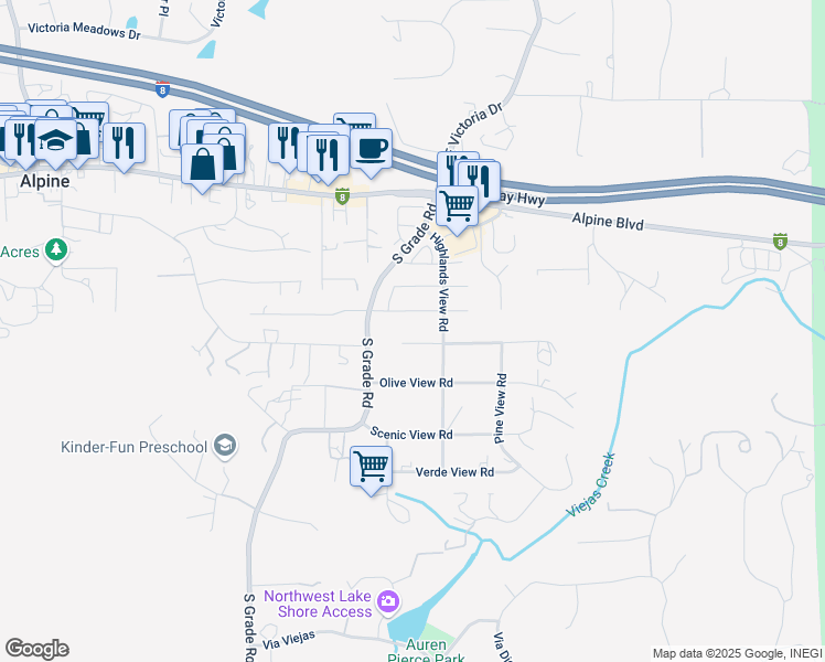 map of restaurants, bars, coffee shops, grocery stores, and more near 2859 Manzanita View Road in Alpine