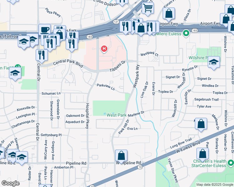 map of restaurants, bars, coffee shops, grocery stores, and more near 2700 Parkview Lane in Bedford