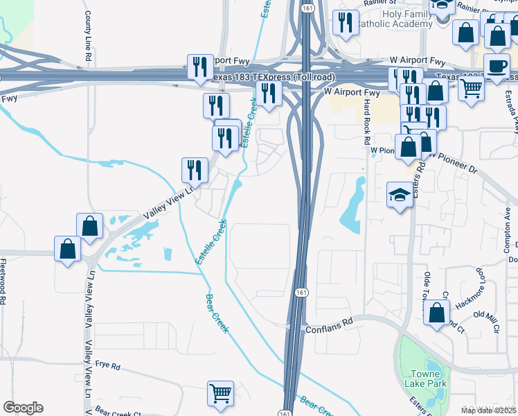 map of restaurants, bars, coffee shops, grocery stores, and more near 4604 West Pioneer Drive in Irving