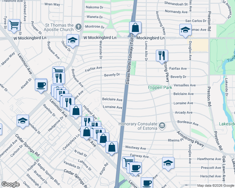 map of restaurants, bars, coffee shops, grocery stores, and more near 4642 South Versailles Avenue in Dallas