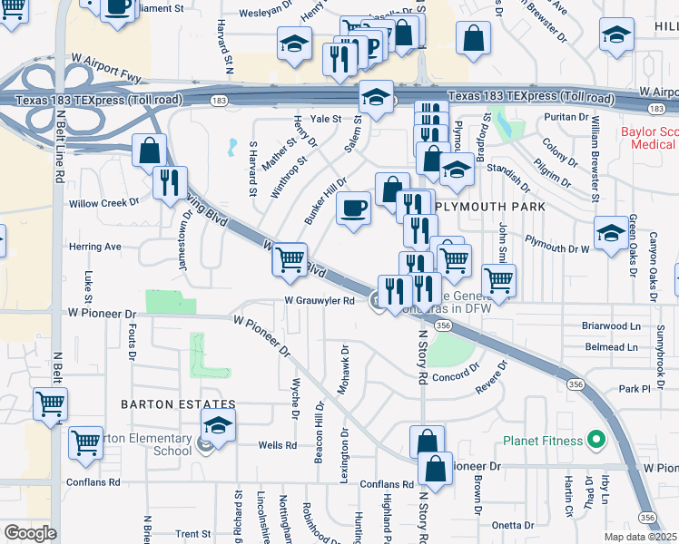 map of restaurants, bars, coffee shops, grocery stores, and more near in Irving