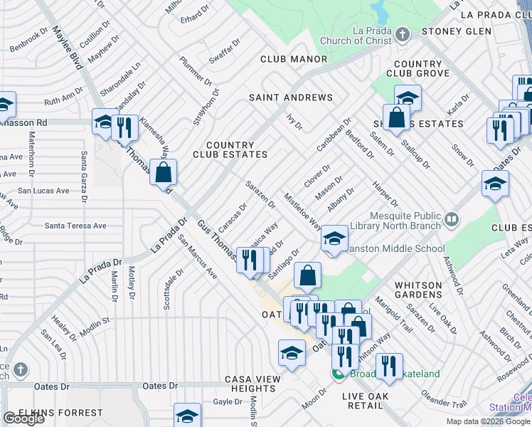 map of restaurants, bars, coffee shops, grocery stores, and more near 3308 Caribbean Drive in Mesquite