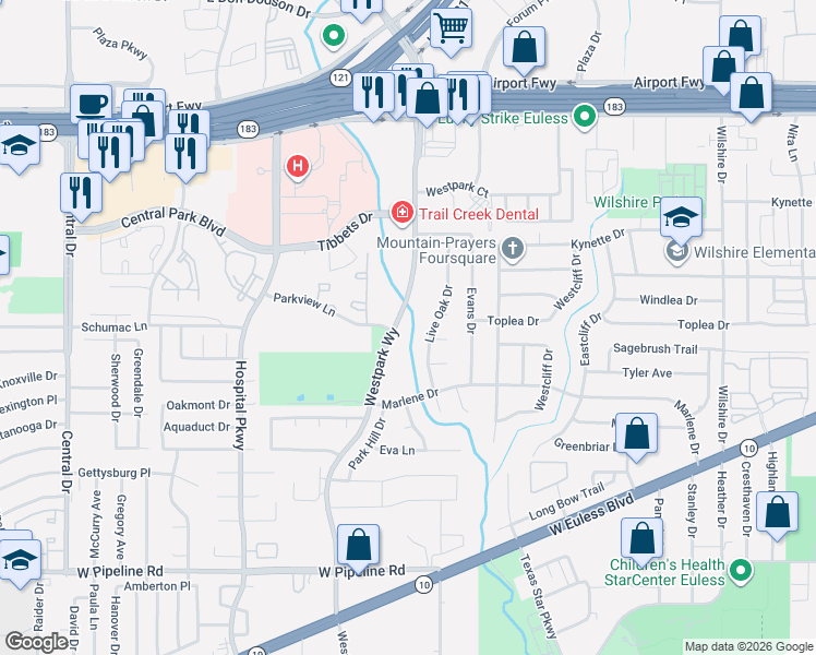 map of restaurants, bars, coffee shops, grocery stores, and more near 525 Westpark Way in Euless