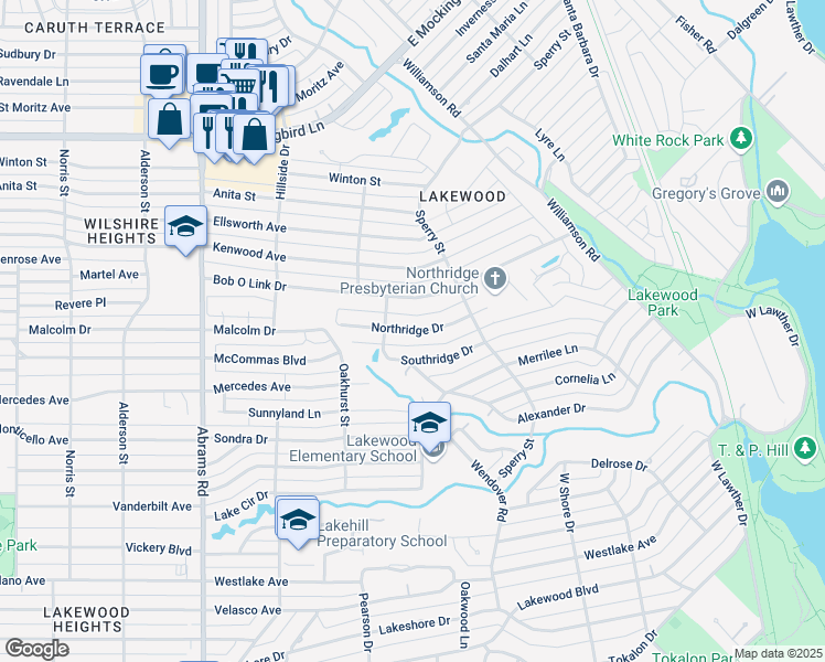 map of restaurants, bars, coffee shops, grocery stores, and more near Northridge Drive in Dallas