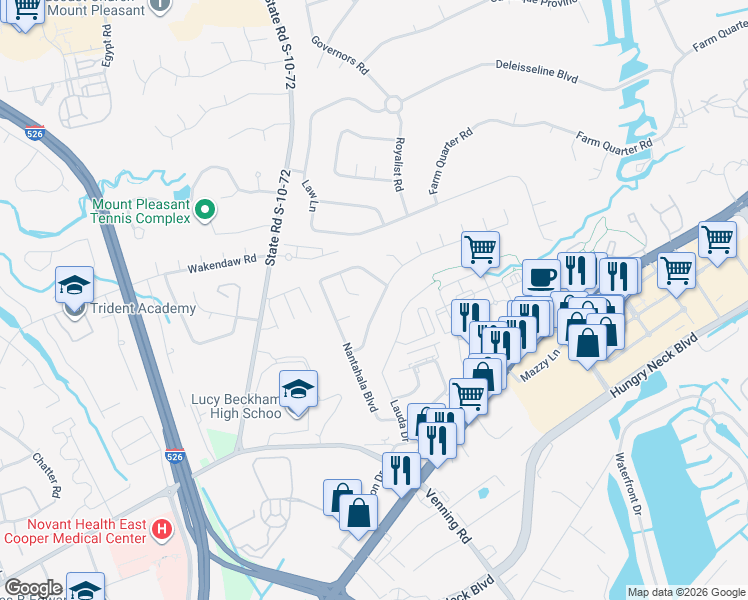 map of restaurants, bars, coffee shops, grocery stores, and more near 1633 Babington Way in Mount Pleasant