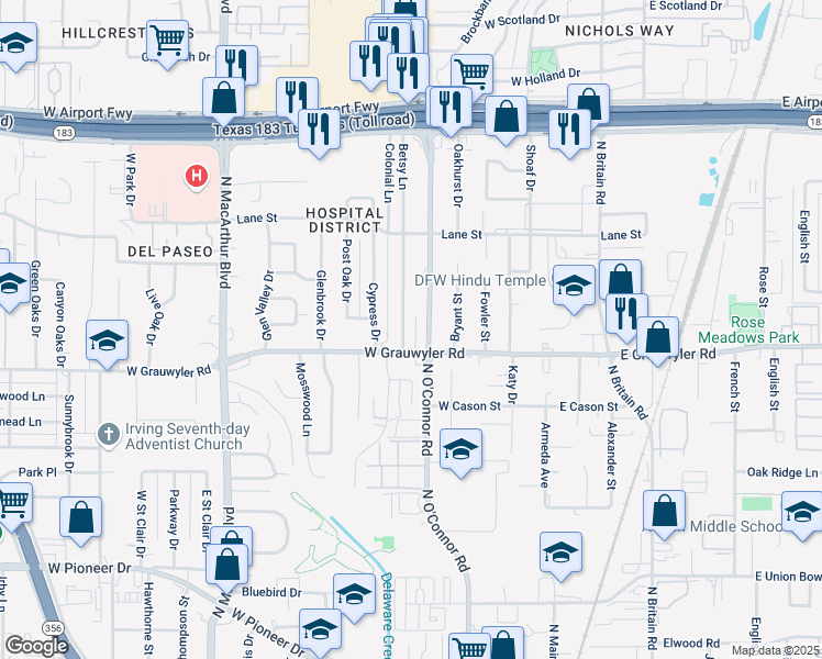 map of restaurants, bars, coffee shops, grocery stores, and more near 1525 Betsy Lane in Irving