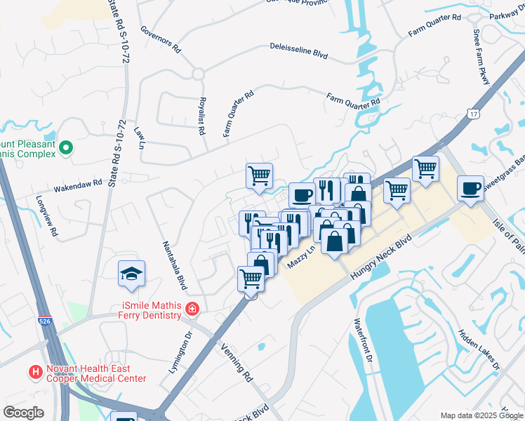 map of restaurants, bars, coffee shops, grocery stores, and more near 1711 Shoremeade Road in Mount Pleasant