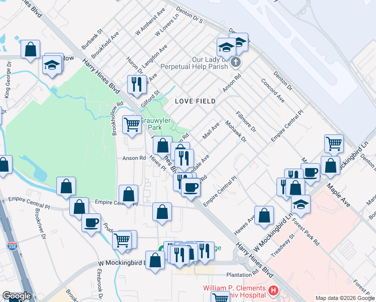 map of restaurants, bars, coffee shops, grocery stores, and more near 2143 Mail Avenue in Dallas