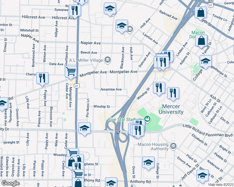 map of restaurants, bars, coffee shops, grocery stores, and more near 2132 Jasamine Avenue in Macon