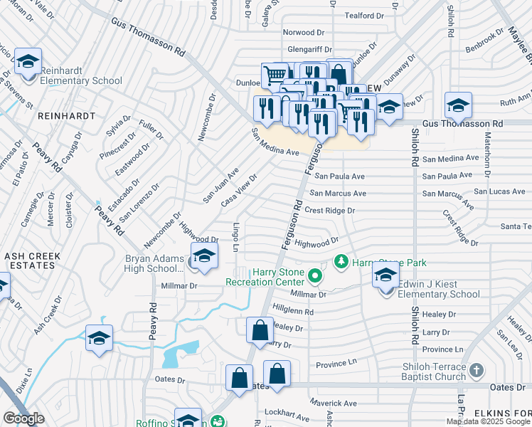 map of restaurants, bars, coffee shops, grocery stores, and more near 2328 Crest Ridge Drive in Dallas