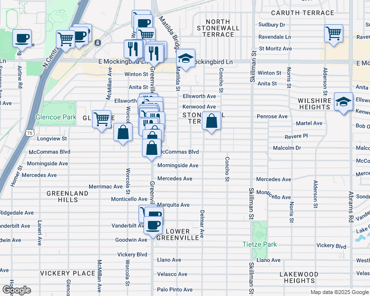 map of restaurants, bars, coffee shops, grocery stores, and more near 3566 Matilda Street in Dallas