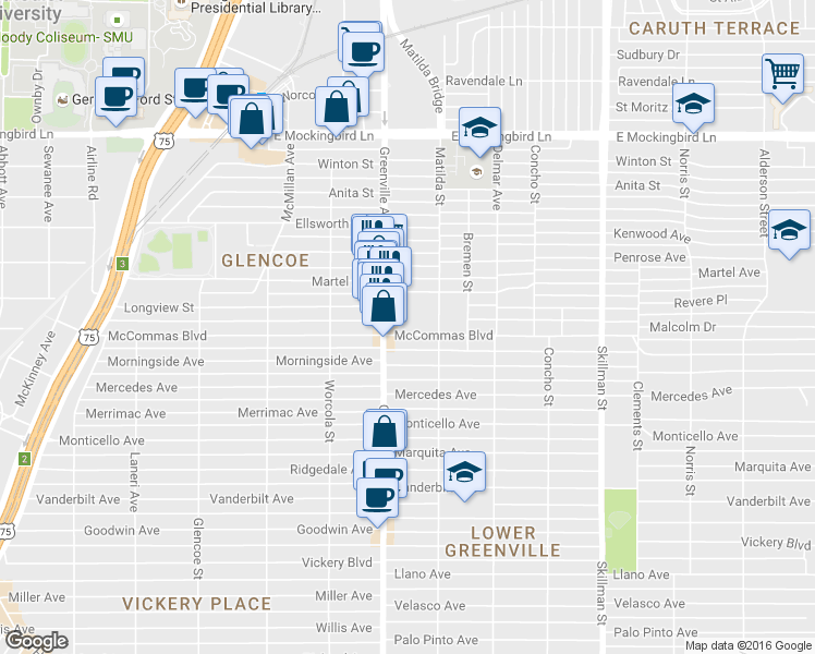 map of restaurants, bars, coffee shops, grocery stores, and more near 5711 McCommas Boulevard in Dallas