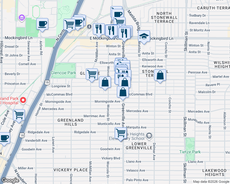 map of restaurants, bars, coffee shops, grocery stores, and more near 5624 Longview Street in Dallas