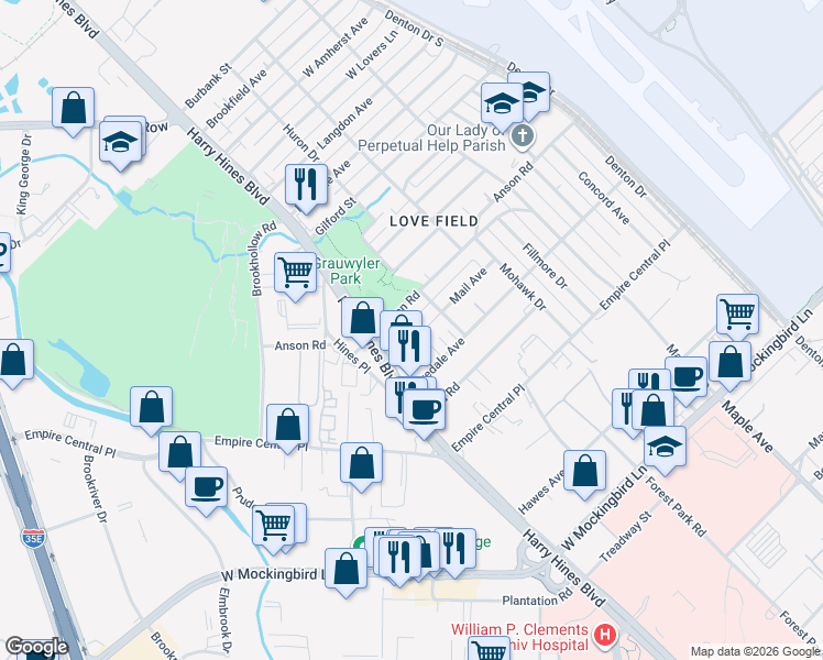 map of restaurants, bars, coffee shops, grocery stores, and more near 2143 Mail Avenue in Dallas