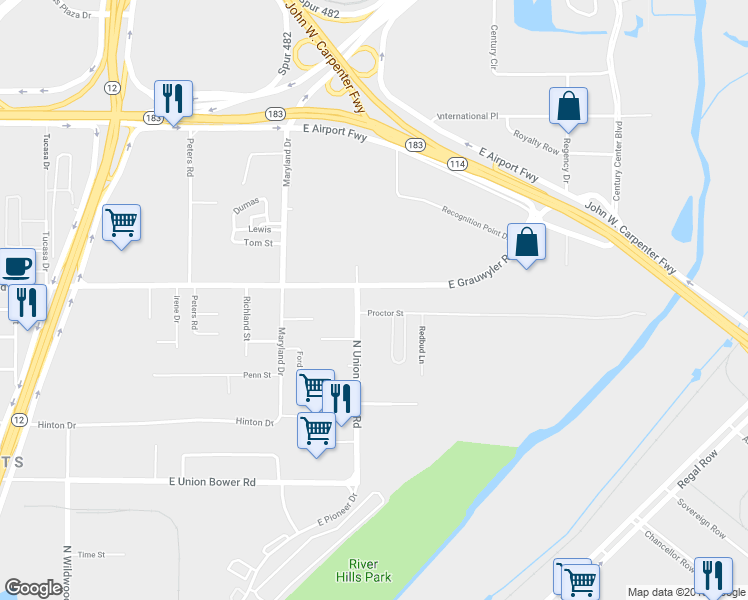 map of restaurants, bars, coffee shops, grocery stores, and more near 2770 East Grauwyler Road in Irving