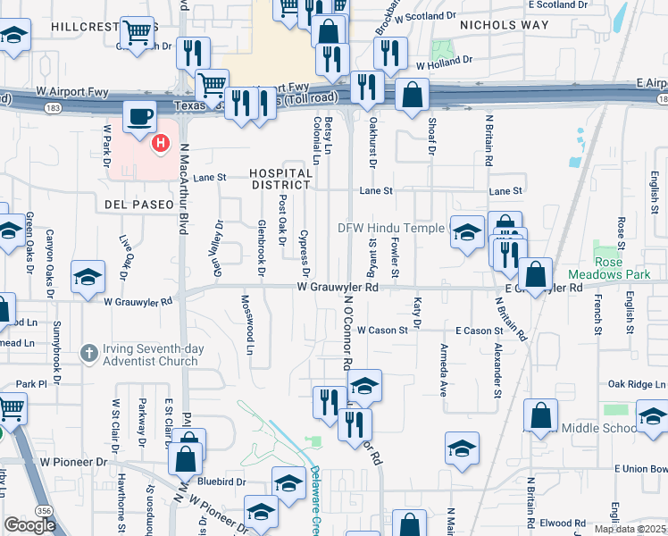 map of restaurants, bars, coffee shops, grocery stores, and more near 1525 Betsy Lane in Irving