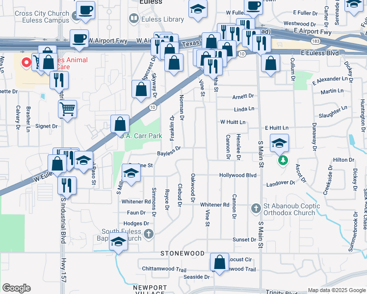 map of restaurants, bars, coffee shops, grocery stores, and more near 509 Norman Drive in Euless