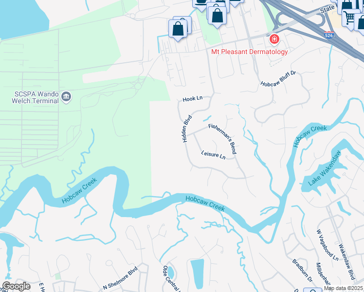 map of restaurants, bars, coffee shops, grocery stores, and more near 569 Hidden Boulevard in Mount Pleasant