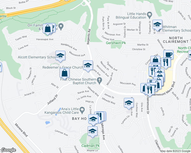 map of restaurants, bars, coffee shops, grocery stores, and more near 3252 Clairemont Mesa Boulevard in San Diego