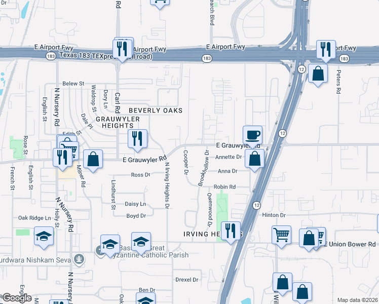 map of restaurants, bars, coffee shops, grocery stores, and more near 1520 Cooper Drive in Irving