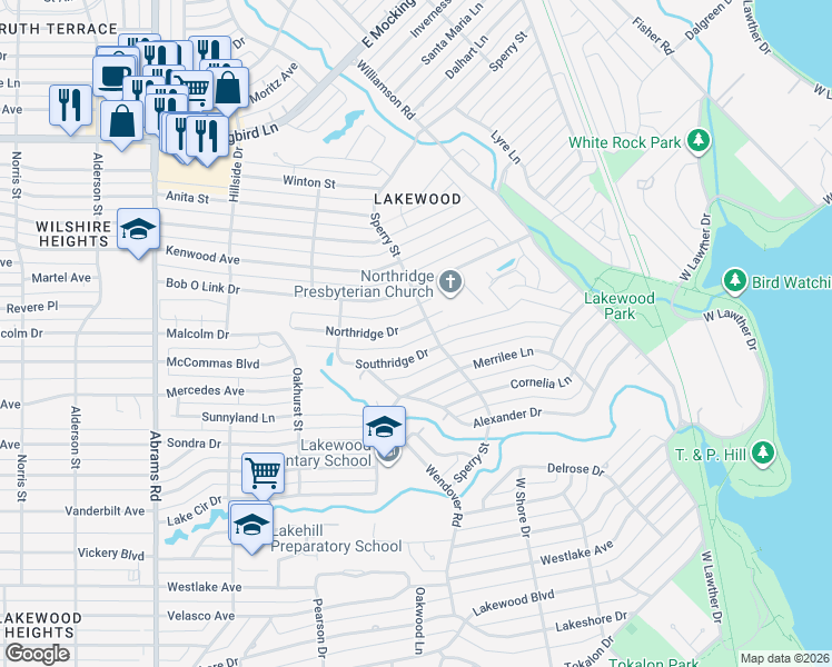 map of restaurants, bars, coffee shops, grocery stores, and more near 6850 Northridge Drive in Dallas