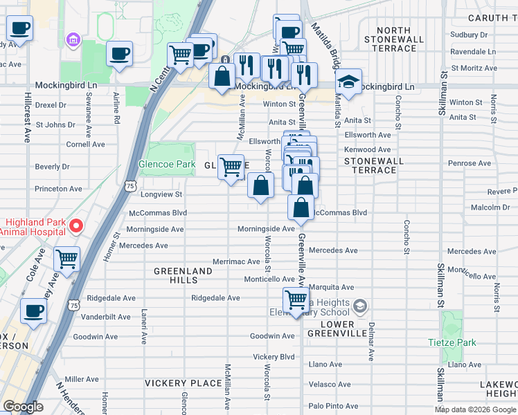 map of restaurants, bars, coffee shops, grocery stores, and more near 5546 Longview Street in Dallas